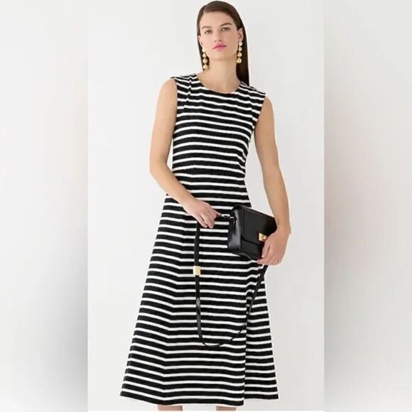 EUC Women's J.Crew Fit & Flare Cap Sleeve Black White Stripe Midi Dress Size XS - Picture 1 of 4